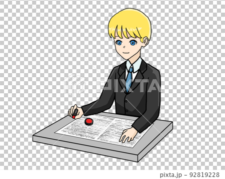 書類にハンコを押す白人男性のイラスト 書類にハンコを押す白人男性のイラスト 92819228