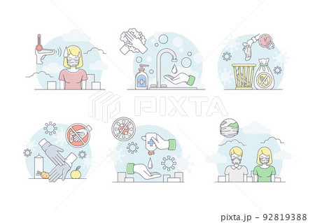 Pandemic with Hand Sanitizing, Temperature Measuring and Mask Wearing Line Vector Set 92819388
