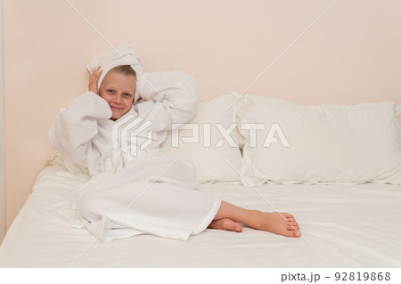 Head smile girl bathrobe bed copyspace white portrait morning bathroom, from pretty hotel for beauty and gown style, little bathing. Hair female fashion, Head smile girl bathrobe bed copyspace white portrait morning bathroom, from pretty hotel for beauty and gown style, little bathing. Hair female fashion, 92819868