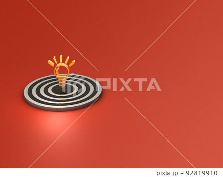 的の上で点灯する電球。インスピレーションと正解を表す抽象的なコンセプト。ホットな赤い背景。 的の上で点灯する電球。インスピレーションと正解を表す抽象的なコンセプト。ホットな赤い背景。 92819910