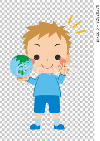 一個可愛的小男孩手裡拿著地球,做一個指向姿勢剪貼畫白色背景可持續發展目標的插圖 一個可愛的小男孩手裡拿著地球,做一個指向姿勢剪貼畫白色背景可持續發展目標的插圖 92820279