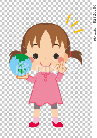一個可愛的小女孩手裡拿著地球,做指向姿勢剪貼畫白色背景可持續發展目標的插圖 一個可愛的小女孩手裡拿著地球,做指向姿勢剪貼畫白色背景可持續發展目標的插圖 92820280