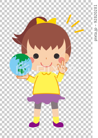 一個可愛的小女孩手裡拿著地球，做指向姿勢剪貼畫白色背景可持續發展目標的插圖 92820281