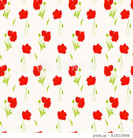 Floral seamless pattern. Red poppies with buds and leaves on white background. Vector illustration. Botanical pattern with poppy flowers for decor, design, packaging, wallpaper, textile and print. 92823906
