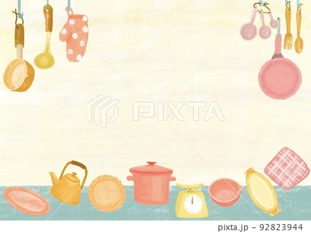 パステル風で鍋やお皿などの可愛いキッチン用品の背景素材(横) パステル風で鍋やお皿などの可愛いキッチン用品の背景素材(横) 92823944