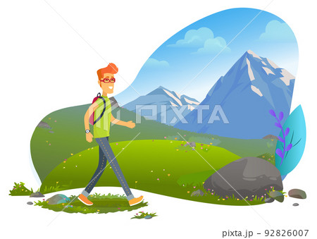 Mountain Tourism, Hiker with Backpack, Rock Vector Mountain Tourism, Hiker with Backpack, Rock Vector 92826007