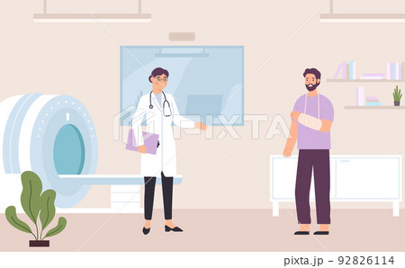 Doctor visit. Patient with broken arm coming for magnetic resonance imaging. Male character having appointment Doctor visit. Patient with broken arm coming for magnetic resonance imaging. Male character having appointment 92826114