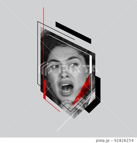 Young woman's face over gray background. Poster graphics. Ideas, inspiration, fashion and emotions concept. 92826254