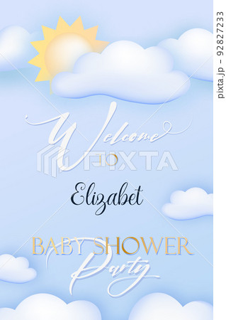Baby shower banner for a boy. Welcome to the baby show. gender choice. Delicate blue colors. Clouds and toys. Baby shower banner for a boy. Welcome to the baby show. gender choice. Delicate blue colors. Clouds and toys. 92827233