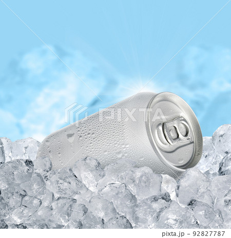 Aluminum Tin Can with ice cubes on blue background. Blank metallic can drink beer soda water juice packaging 92827787