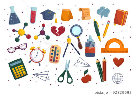 Cartoon collection with school equipment. Back to school supplies - chemistry tube and pencils, pen and scissors. Hand drawn vector illustrations. 92829692
