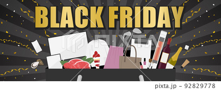 ブラックフライデー広告テンプレート/ショッピングバッグから飛び出る色々な品 黒背景(横長) ブラックフライデー広告テンプレート/ショッピングバッグから飛び出る色々な品 黒背景(横長) 92829778