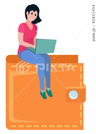 Girl Sitting on Top of Wallet, Girl Laptop Vector 92831454