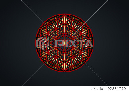 Flower of life, gold spiritual mandala, Sacred Geometry. Bright golden radiant rays symbol of harmony and balance. Mystical talisman, red luxury round vector isolated on black background 92831790