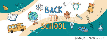 Back to school web banner. School doodle objects on abstract background. Vector hand drawn illustration of educational elements Back to school web banner. School doodle objects on abstract background. Vector hand drawn illustration of educational elements 92832253