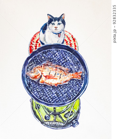 cat and grilled fish in watercolor illustration. 92832335