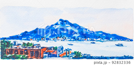 landscape of Tamsui, Taiwan in watercolor illustration. 92832336