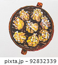 siomai sa tisa, steamed Chinese pork dumplings. Isolated steamed dumplings on white background. Close up asian food hand drawing watercolor illustration. 92832339