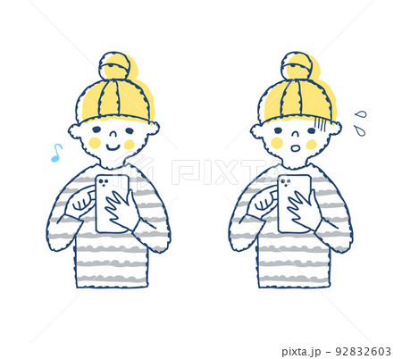 スマートフォンを操作する女の子　笑顔の表情と困っている表情 92832603