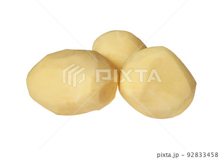 Three peeled raw potatoes isolated on a white background. Perfectly peeled homemade potatoes. A bunch of raw peeled potatoes. Three peeled raw potatoes isolated on a white background. Perfectly peeled homemade potatoes. A bunch of raw peeled potatoes. 92833458