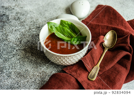 Gazpacho soup served in black bowl Gazpacho soup served in black bowl 92834094