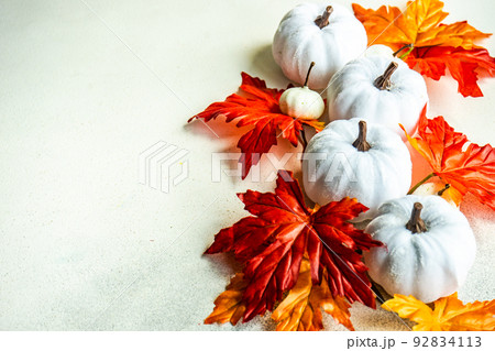 Fake maple leaves on the concrete background 92834113