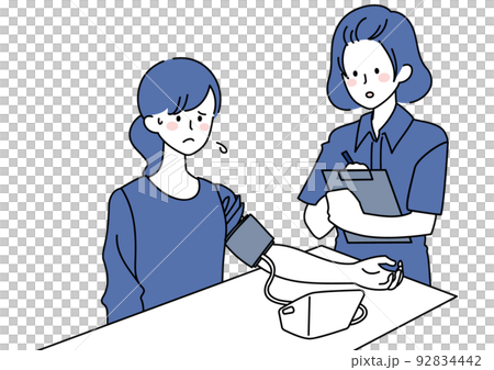A woman having her blood pressure measured and recorded A woman having her blood pressure measured and recorded 92834442
