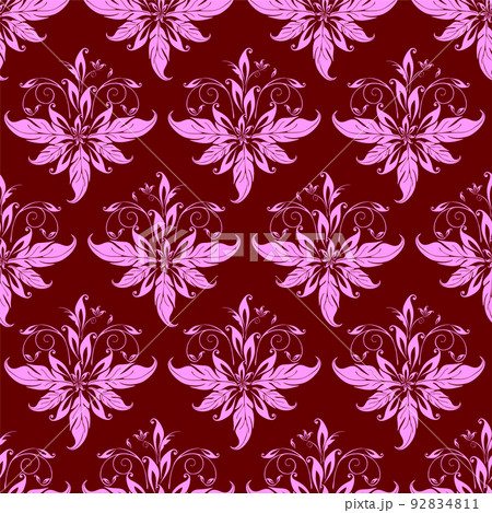 seamless graphic pink pattern on burgundy background, floral ornament tile, texture, design 92834811