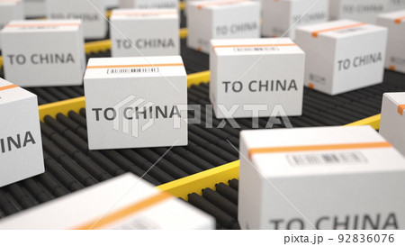 TO CHINA text on white cartons moving along the conveyor. 3D rendering TO CHINA text on white cartons moving along the conveyor. 3D rendering 92836076