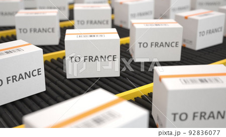TO FRANCE text on white cartons moving along the conveyor. 3D rendering 92836077