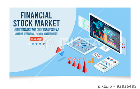 3D isometric stock marketing application concept with online statistic, data Analytics, finance and online trading.  Vector illustration eps10 92836485
