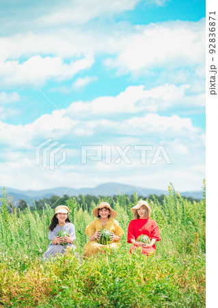 青空のもとスイカを持って座っている女性達 青空のもとスイカを持って座っている女性達 92836871
