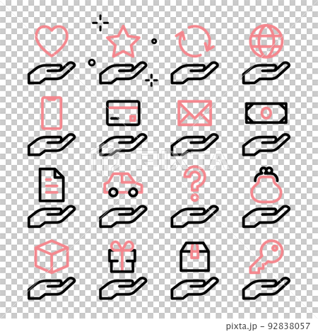 Icon set with various things floating on the palm 92838057