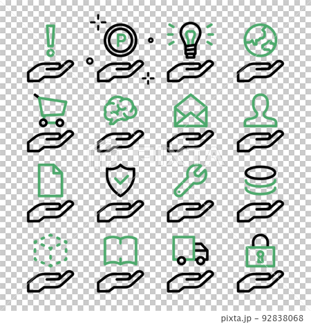 Icon set with various things floating on the palm Icon set with various things floating on the palm 92838068