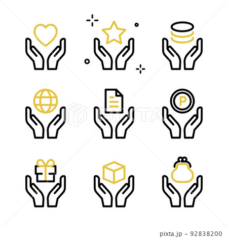 両手のひらにさまざまなものをつつんだアイコンセット 92838200