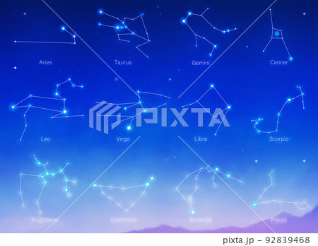 星空と十二星座の星座線のセットイラスト 青い星空の背景 ホロスコープ 星座 星空と十二星座の星座線のセットイラスト 青い星空の背景 ホロスコープ 星座 92839468