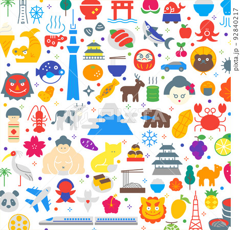 イラスト素材:日本のカラフルアイコンパターン（線幅変更可能） 92840217