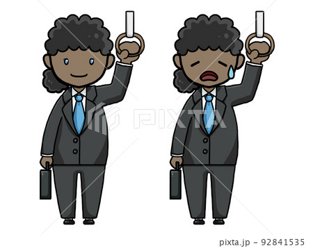 つり革につかまる黒人女性サラリーマン（笑顔と疲れ顔）のイラスト 92841535
