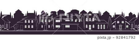 Village silhouette. Skyline row. Homes district. Suburb street community. Buildings with roofs, chimneys and windows. Town landscape. Black and white line city. Vector seamless border Village silhouette. Skyline row. Homes district. Suburb street community. Buildings with roofs, chimneys and windows. Town landscape. Black and white line city. Vector seamless border 92841792