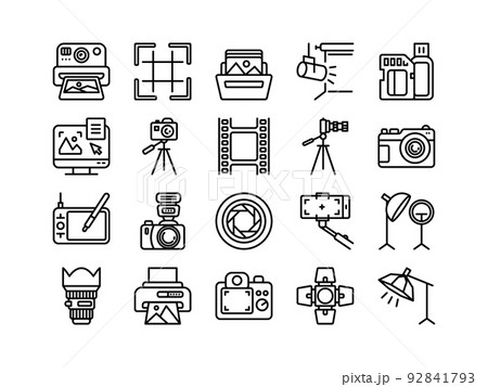 Photo camera icons. Line photography pictograms. Outline portrait studio photographic equipment with cam. Film frame. Selfie symbols. Lens and professional spotlight. Vector signs set Photo camera icons. Line photography pictograms. Outline portrait studio photographic equipment with cam. Film frame. Selfie symbols. Lens and professional spotlight. Vector signs set 92841793