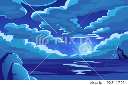 Night ocean landscape with cloud in sky. Dark scene, sea moon horizon, space time, magic lake with moonlight. Deep dark panorama. Mystery midnight backdrop. Vector illustration background 92841795