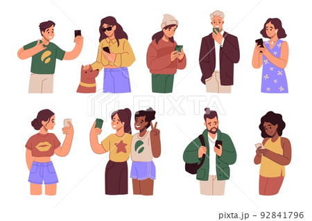 People holding phones. Happy men and women, person talking and online chatting. Reaction and emotions on smartphones. Young boys and girls technology or internet communication vector set 92841796