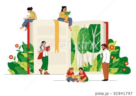 People read book story. Dream Day festival in open library. Family education. Graphic night trees and flowers. Literature lovers. Huge textbook. Happy readers leisure. Vector concept 92841797