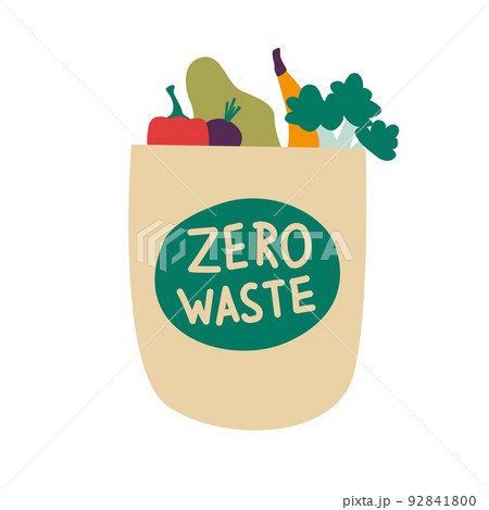 Vegans and organic food. Zero waste concept. Cartoon vegetables in eco packaging, vegetarian natural products, healthy lifestyle. Shopper for local market. Bag full of vegetables. Vector set 92841800