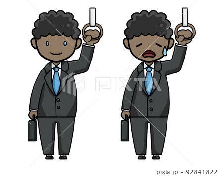 つり革につかまる黒人サラリーマン（笑顔と疲れ顔）のイラスト 92841822