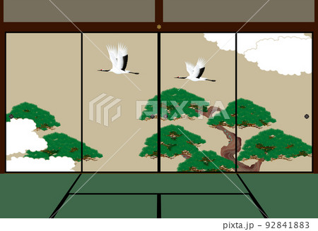 松と鶴が描かれた襖絵のある和室 92841883
