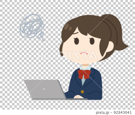 A female student who is in trouble while working on a computer 92843041