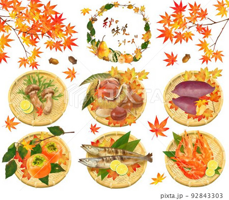 果物や野菜や木の実の美味しい秋の味覚シリーズセットとカゴと紅葉もみじのイラスト素材 92843303