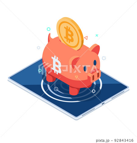 Isometric Bitcoin Piggy Bank on Digital Tablet Isometric Bitcoin Piggy Bank on Digital Tablet 92843416