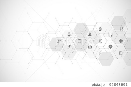 Medical background and healthcare technology with flat icons and symbols. Design template of concept and idea for health care business, innovation medicine, health safety, science. Vector illustration 92843691